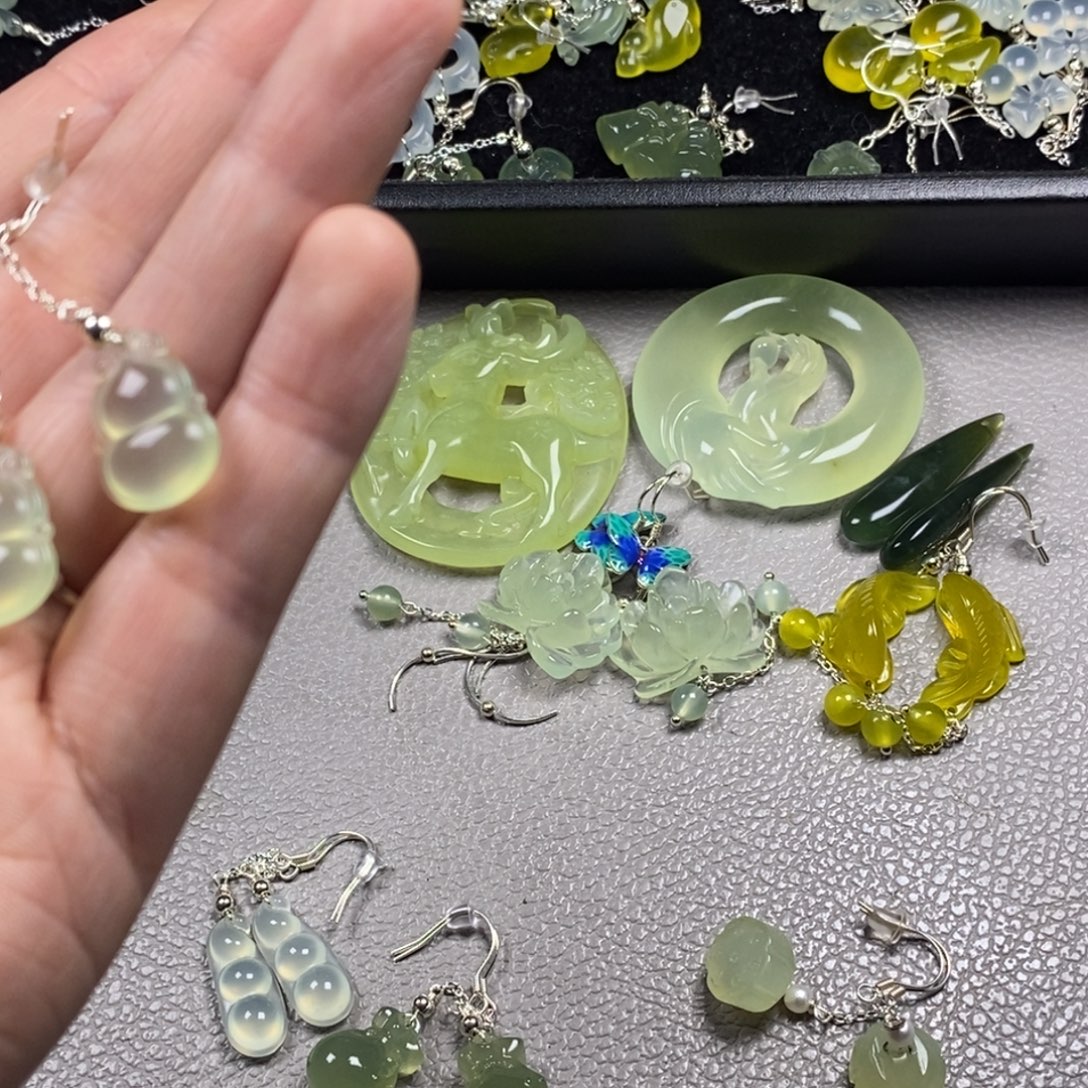 蛇纹石玉银S925镶嵌挂件耳饰耳环项链