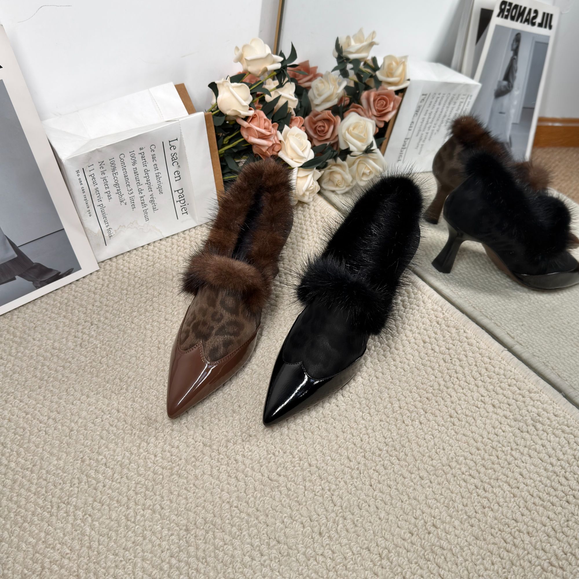 【森莱美】心心相印/牛皮/手工冬季豹纹尖头高跟时尚貂毛女鞋1151R