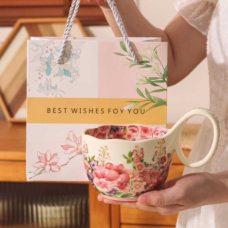 复古风繁花似锦陶瓷马克杯曲把杯带勺办公室宿舍实用下午茶喝水杯