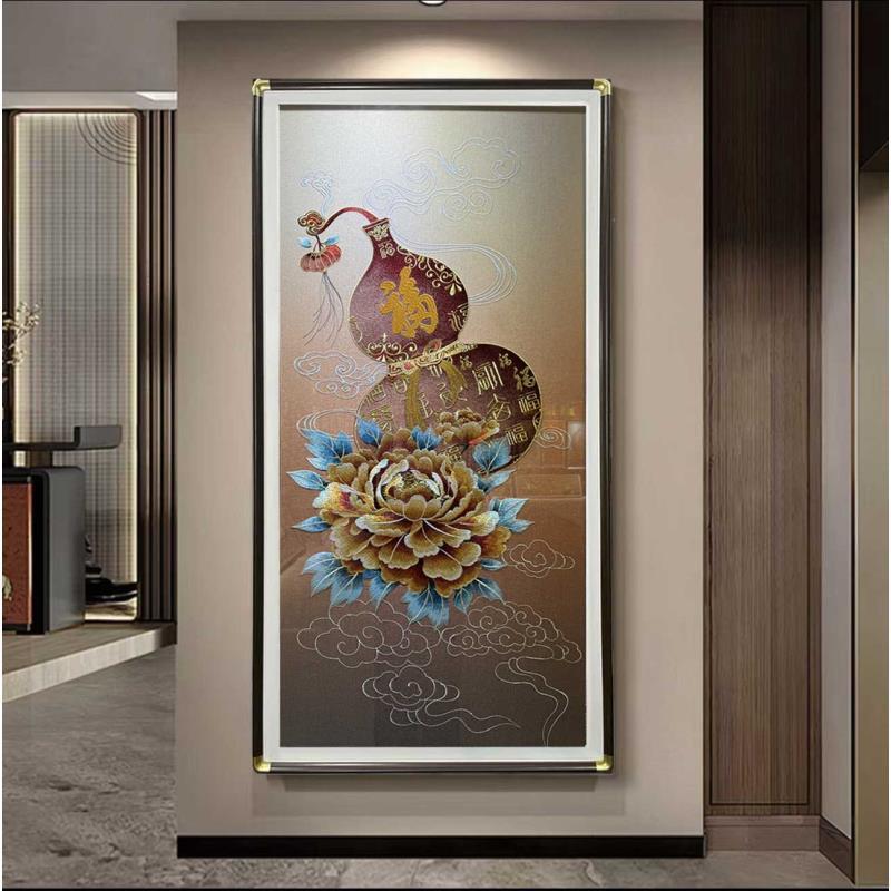 葫芦玄关装饰画新中式正对门入户画百福图过道尽头挂画牡丹花壁画