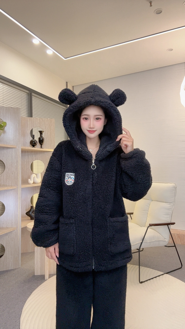 【加厚一整套】冬季保暖立领连帽睡衣家居服套装时尚加绒带帽新款