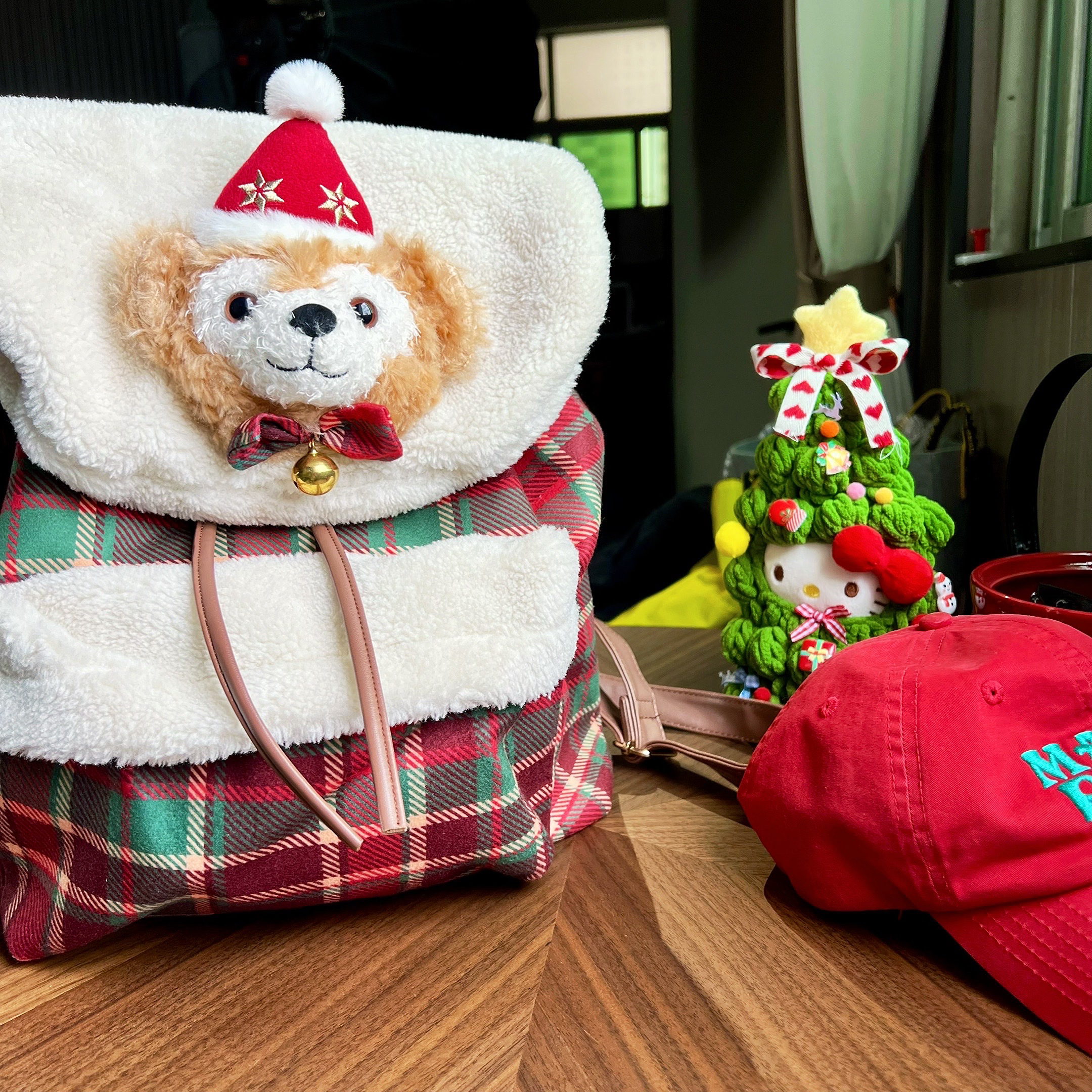 圣诞节限定红格子公仔铃铛圣诞帽卡通双肩包