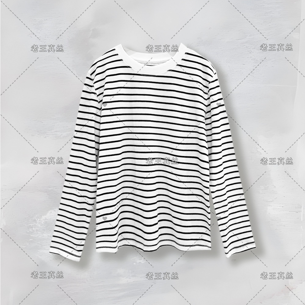 桑蚕丝圆领条纹长袖T恤拼接圆领真丝T恤打底衫女上衣CXA35