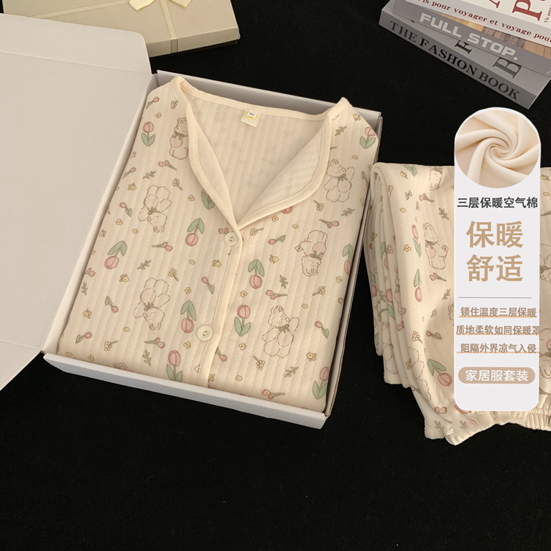 秋冬季甜美睡衣女夹层空气棉长袖翻领家居服两件套装学生可外穿