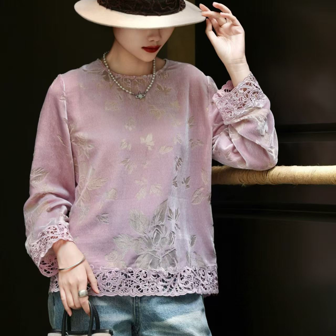 【长欢花序】玛薇丝轻奢精致镂空刺绣提花丝绒闪金上衣内搭打底长袖