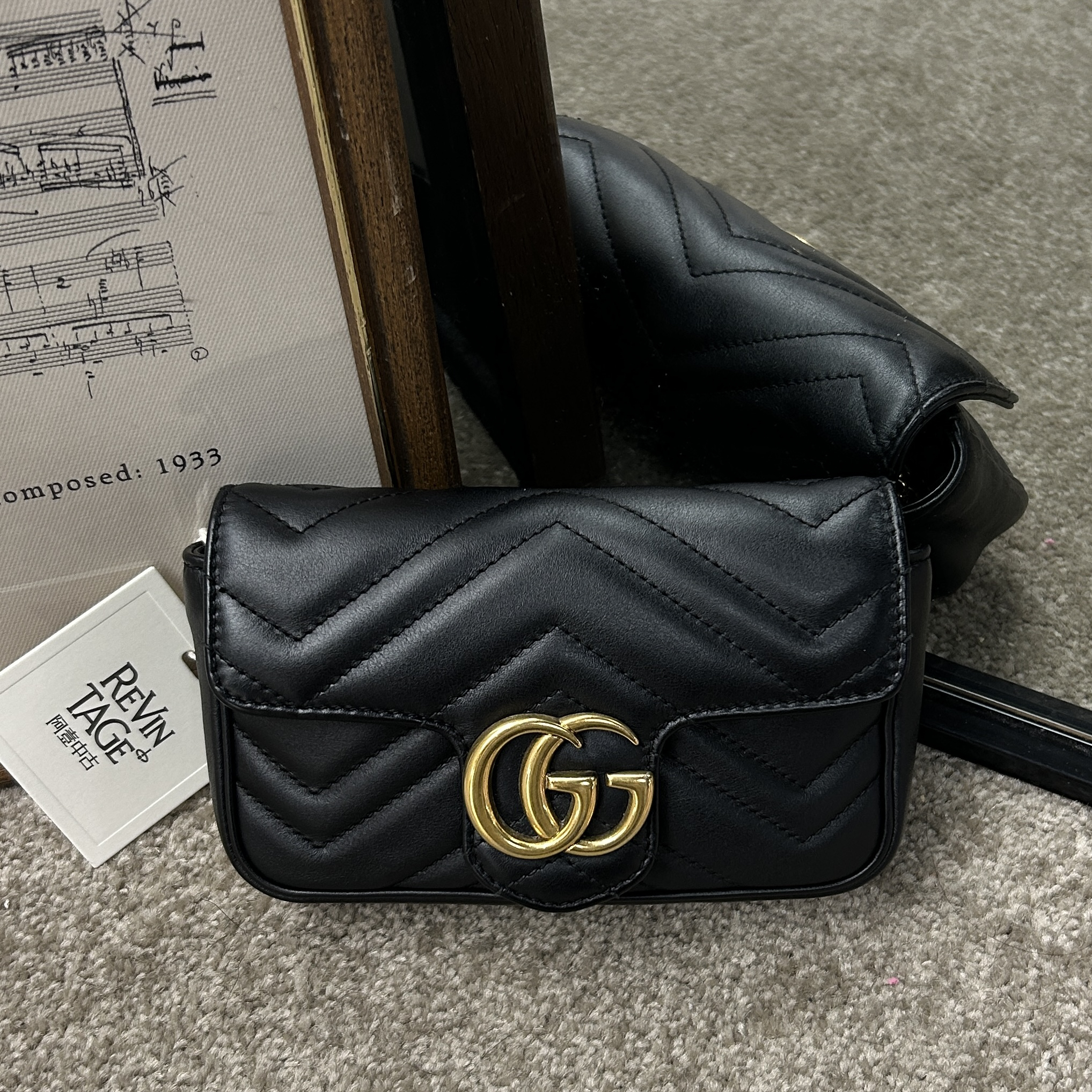 99新 GUCCI/古驰 黑金马蒙mini单肩斜挎包 