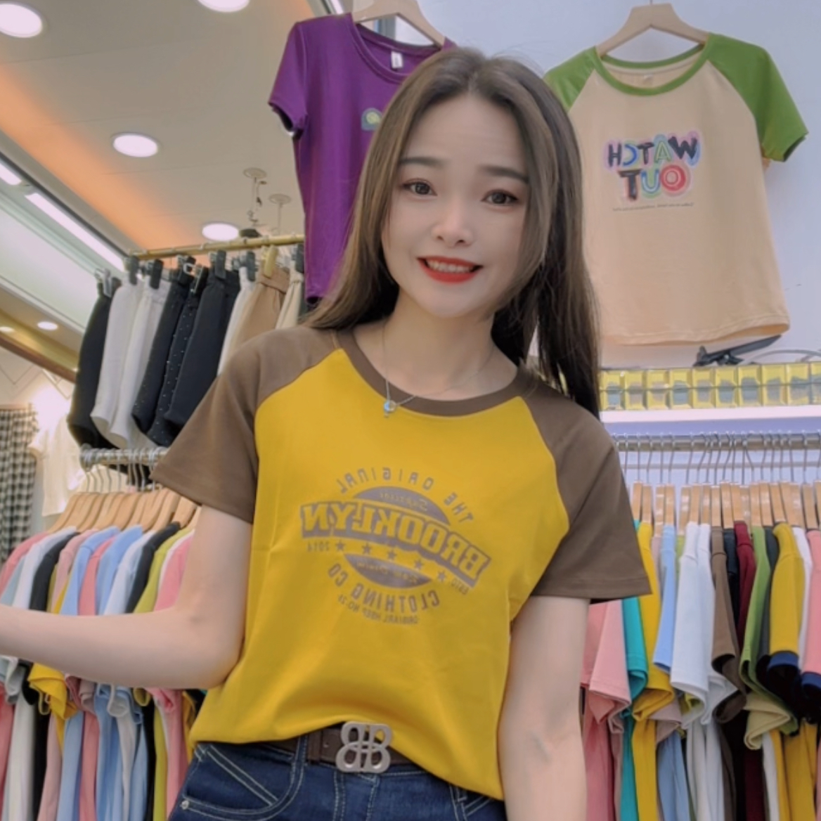 新款大圆拼接螺纹棉上衣百搭显瘦