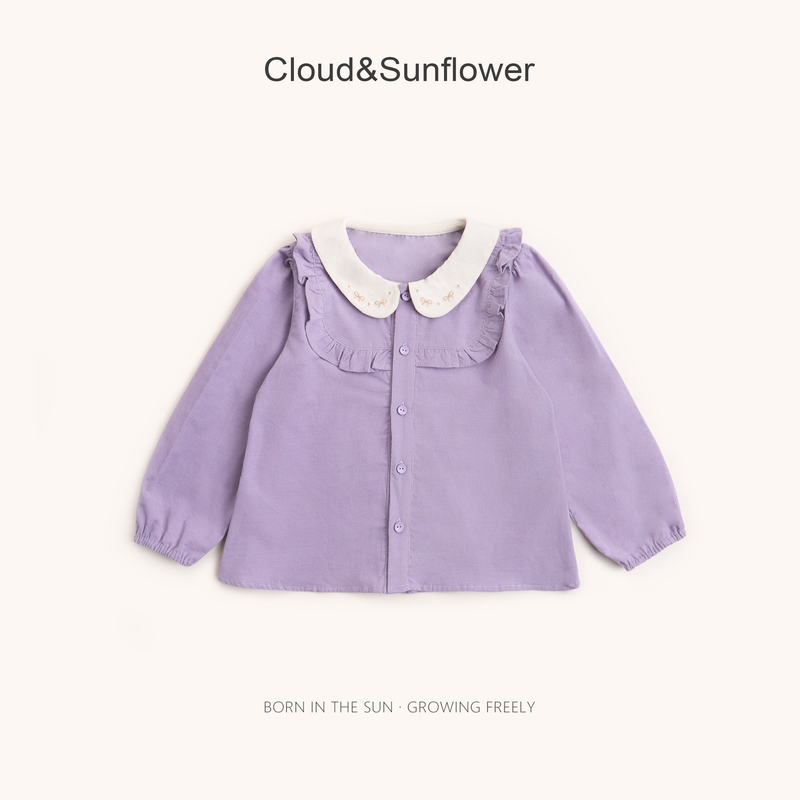 【云朵小葵】女童秋季新款翻领蝴蝶结五粒扣紫色休闲衬衫1114419