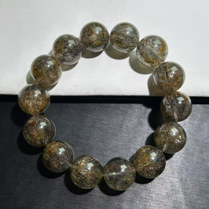 天然黑超水晶手串黑金丝水晶手链百搭黄发晶男女情侣金发晶手链