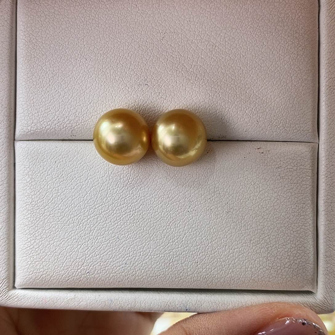 海水珍珠耳饰18K金镶嵌南洋金珠10-11m m