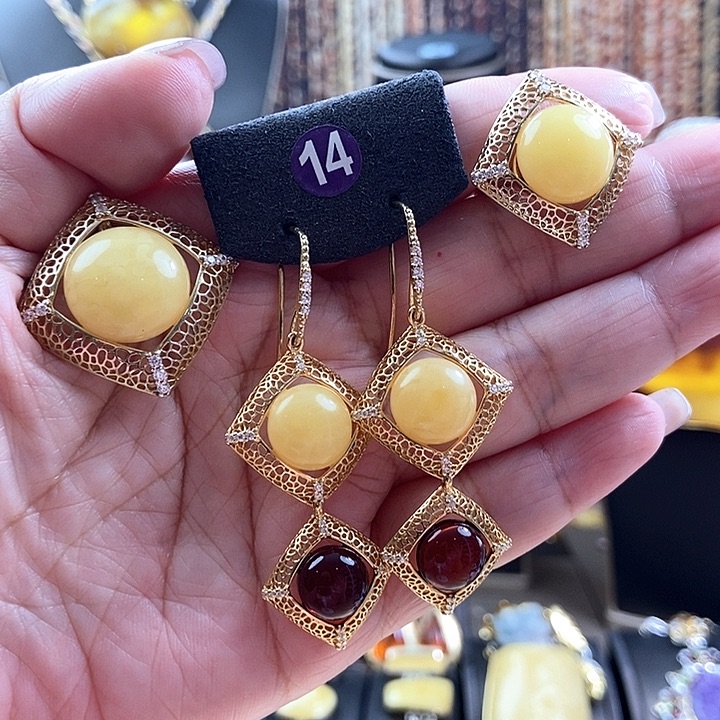 琥珀银S925镶嵌颈饰套装不含链