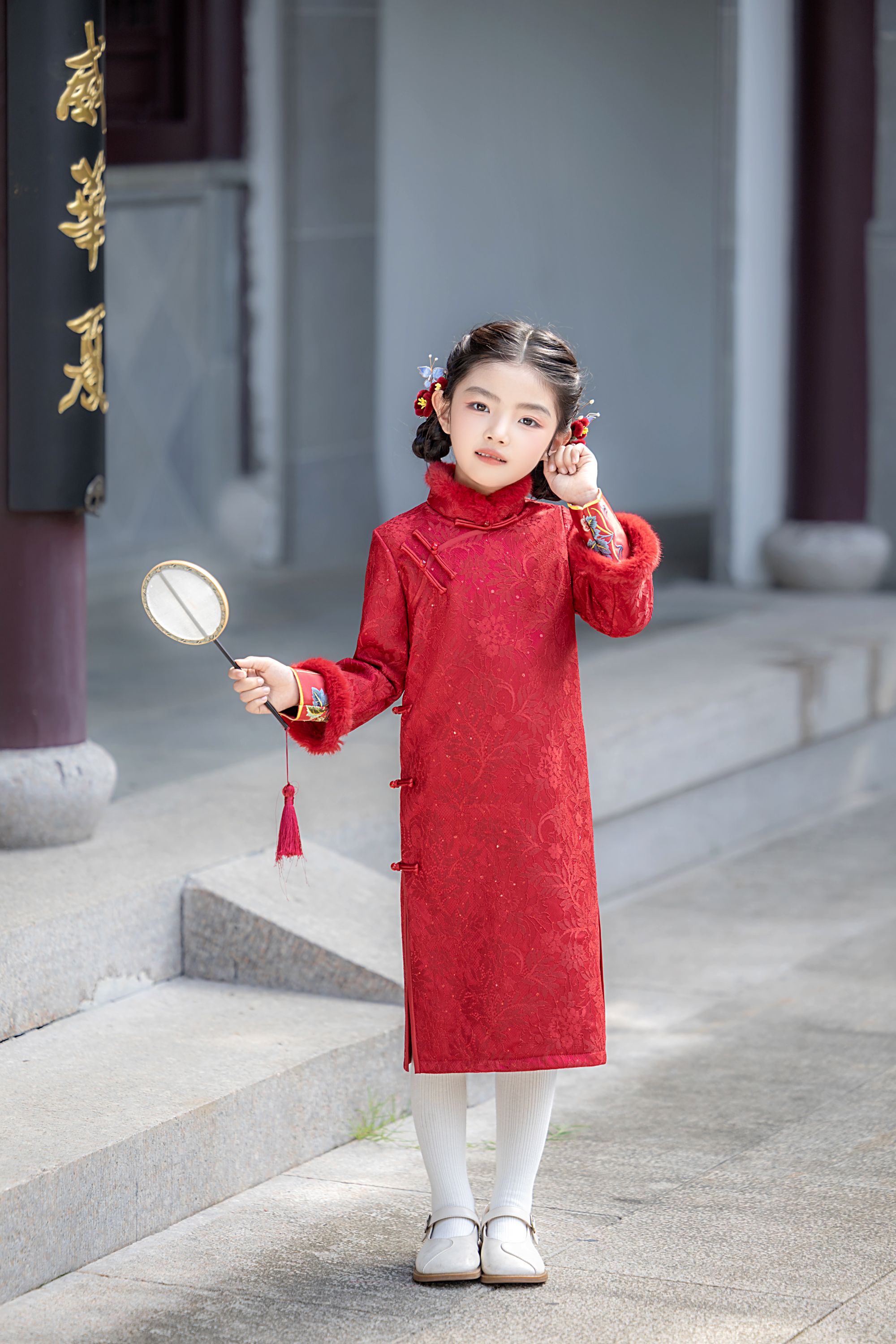 儿童红色旗袍女童新中式冬款加绒2025新款喜庆拜年服小女孩连衣裙
