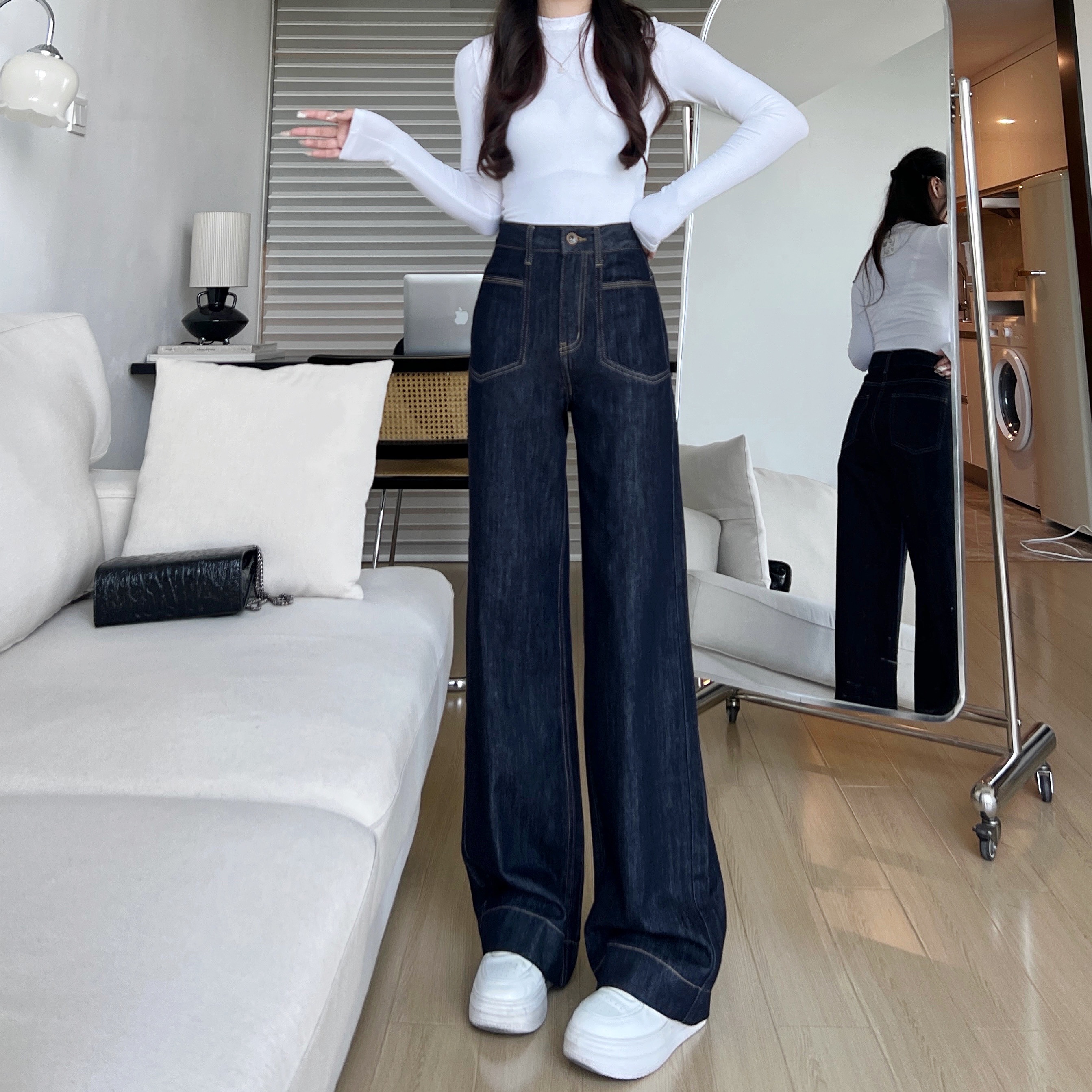 【送腰带】夏季新款丹宁蓝牛仔裤女高腰百搭显瘦不掉色宽松直筒裤