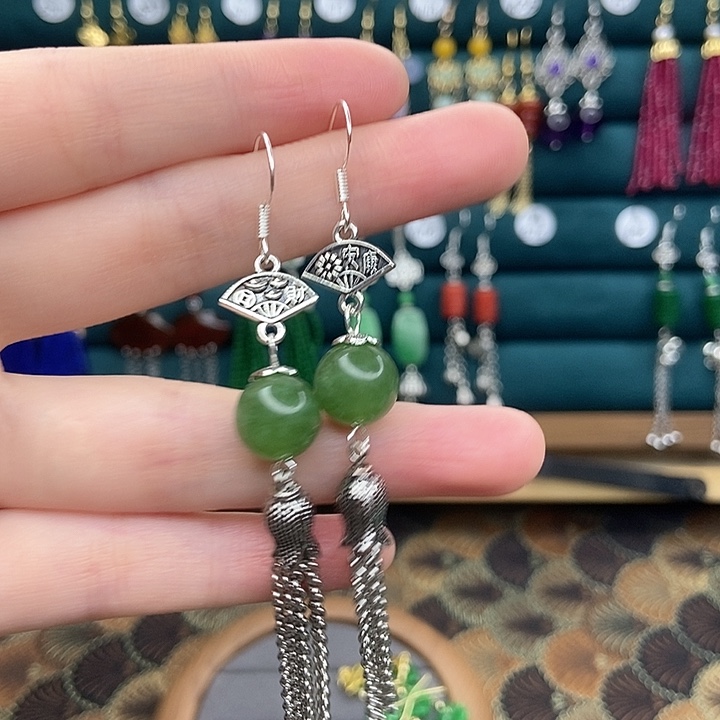 石英质玉耳钉银S925镶嵌