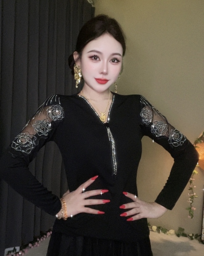 玫瑰性感镂空V领拉链款爆款洋气时尚长袖打底衫女