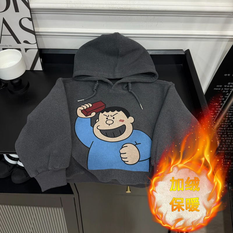 男童加绒加厚卫衣中大童冬季韩版上衣儿童洋气套头百搭宽松连帽