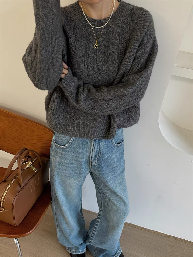 100%羊毛！麻花复古宽松圆领长袖上衣 Z991