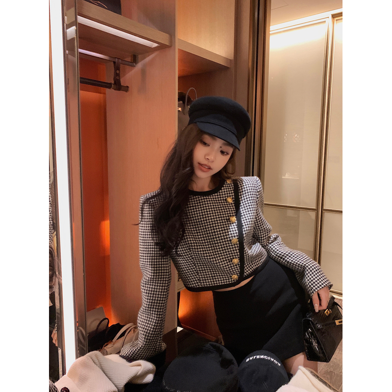 lilylikes巴黎女爵 羊毛混纺千鸟格斜金扣小香外套/裙裤