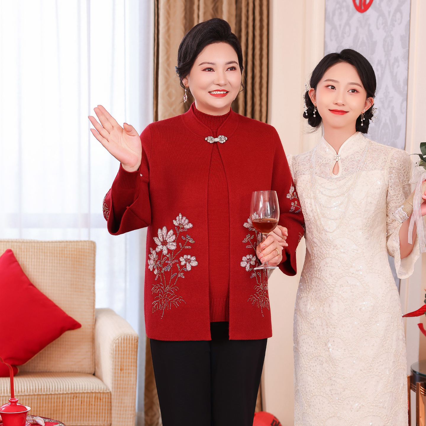 国风春秋新款高质感穿搭宽松中老年妈妈装针织两件套WPD172-1852