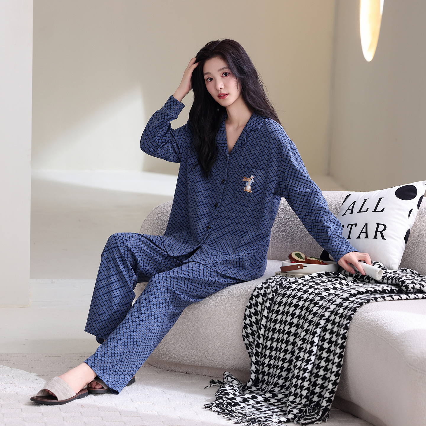朵岑精梳丝光棉情侣睡衣全棉套装女家居服春秋款长袖薄纯棉两件套