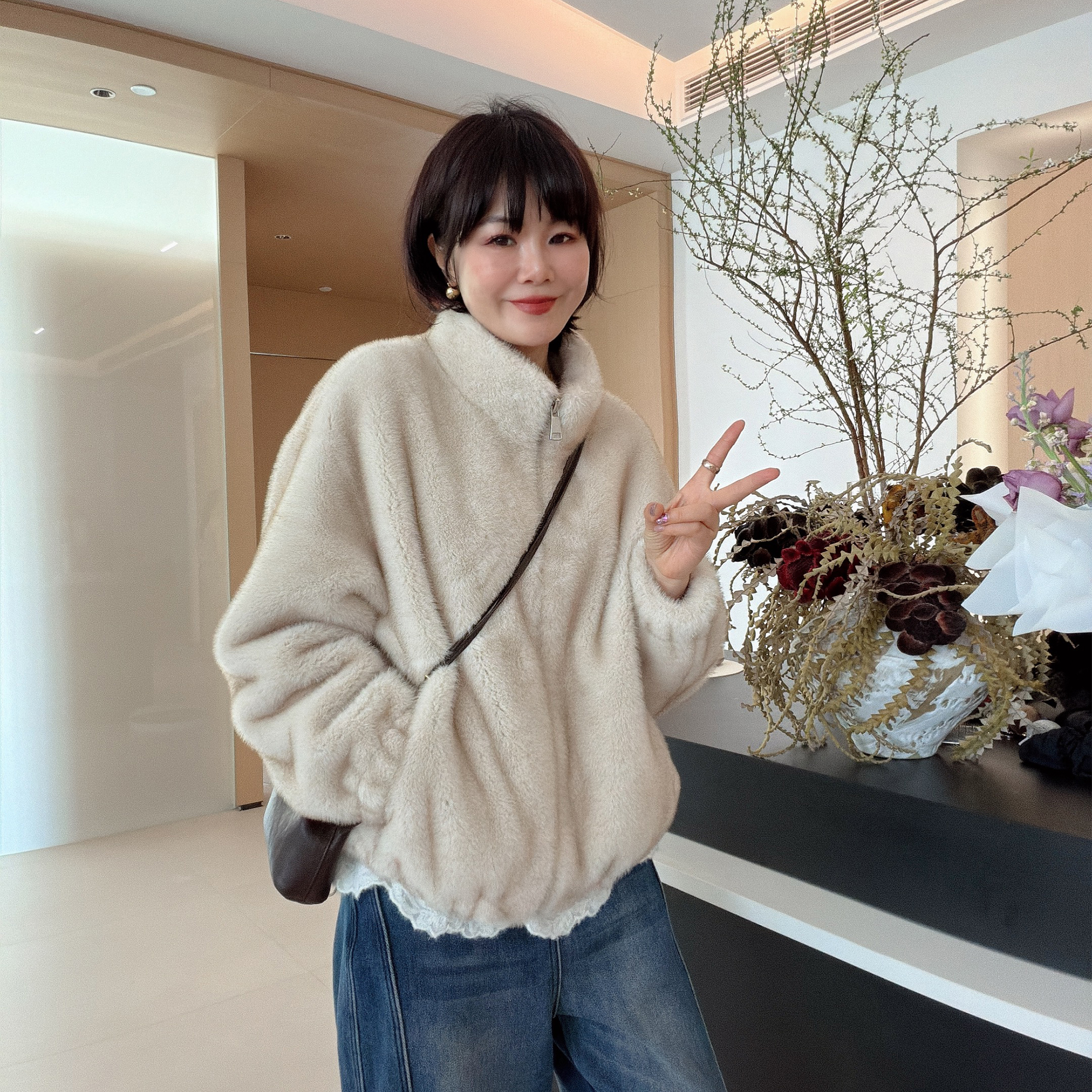 人造皮草 冬季保暖立领环保毛保暖立领拉链外套