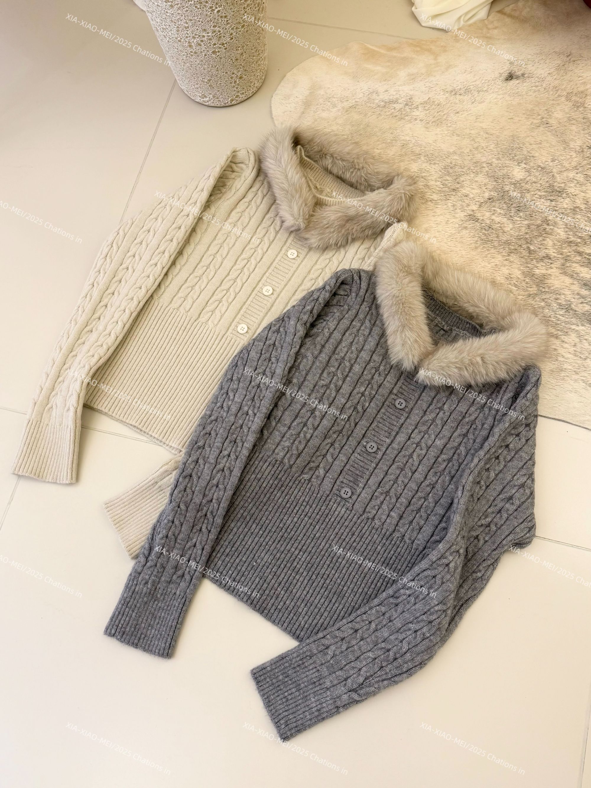 XIAOMEI ｜可拆卸毛毛领收腰麻花针织毛衣-5482