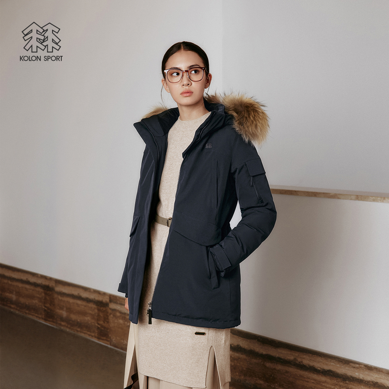 KOLON SPORT可隆羽绒衣防水防风透湿女士中量毛领连帽鹅绒服