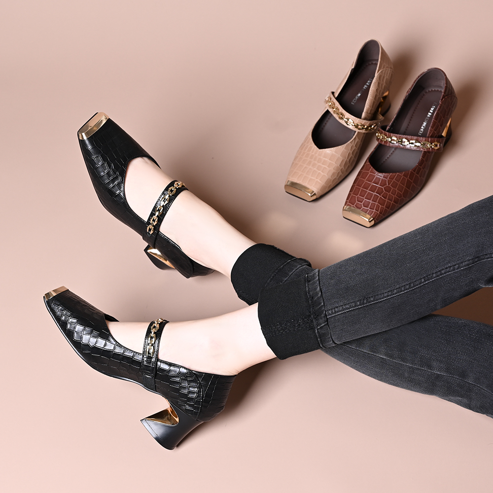 头层牛皮方头浅口粗跟单鞋春秋新款金属链条软皮一脚蹬中跟小皮鞋