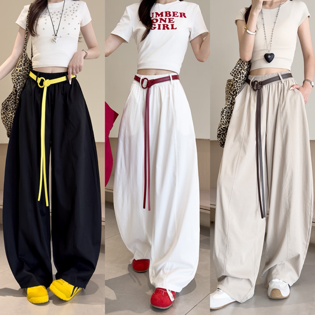 【含腰带】韩系ins慵懒感弯刀裤女夏简约遮肚阔腿裤