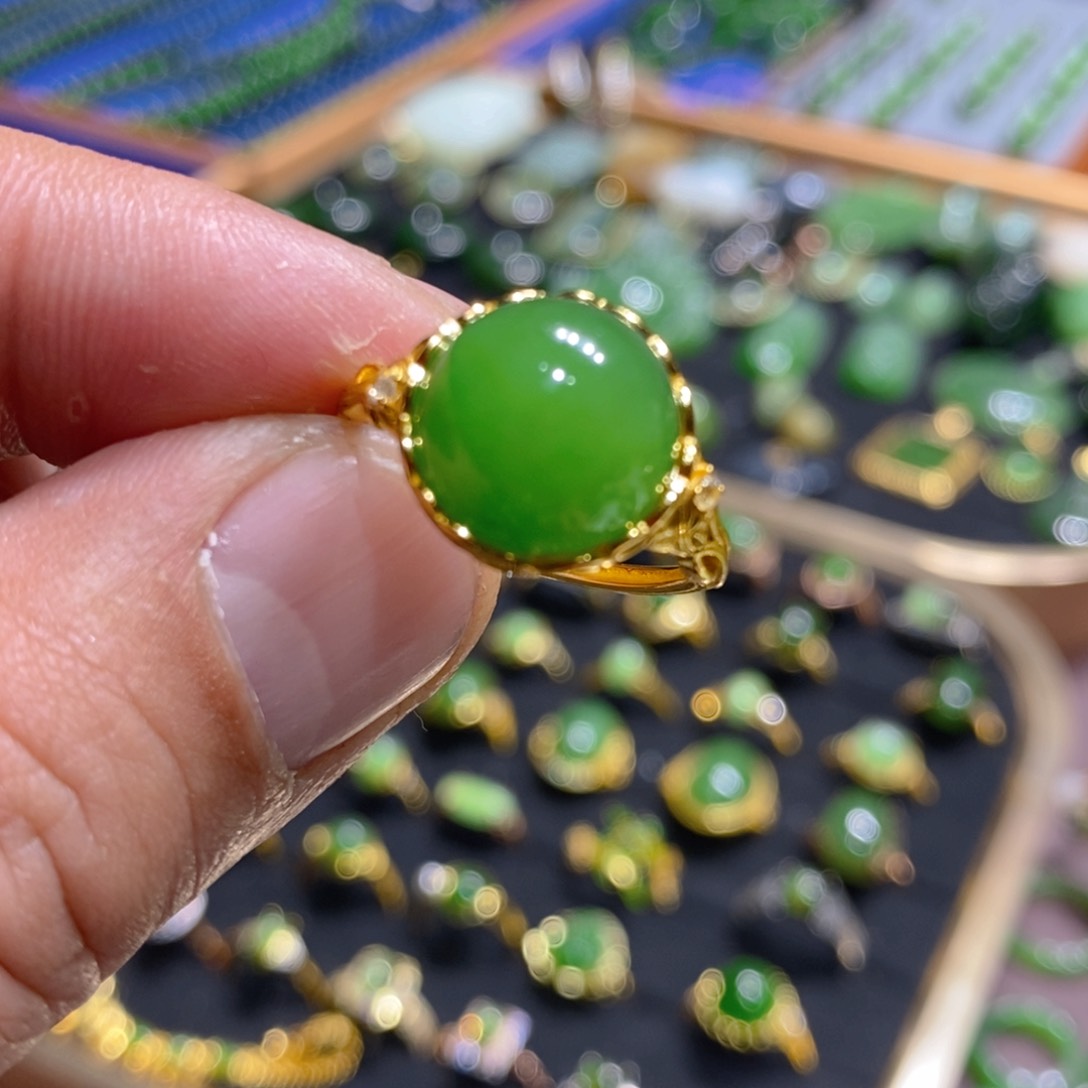 和田玉（碧玉）戒指银S925镶嵌小***?