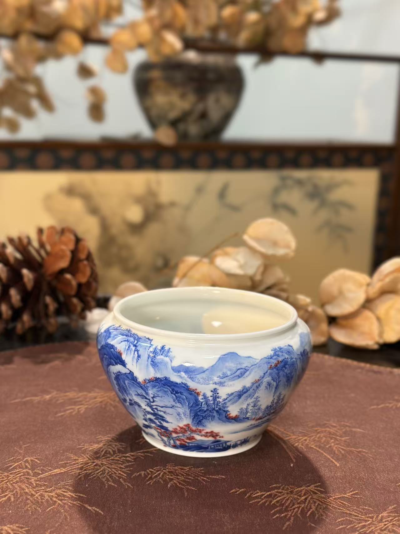 入云庐 观瀑图青花釉里红建水 水洗