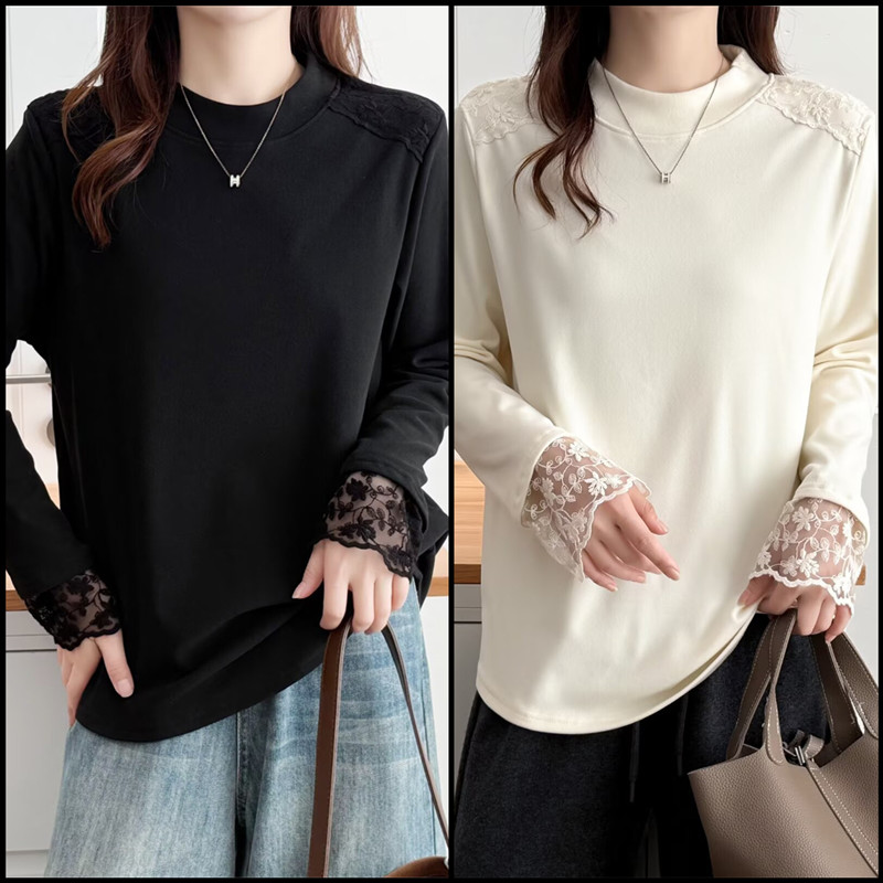 大码女装秋冬季半高领慕斯绒打底衫胖mm显瘦百搭蕾丝拼接上衣T恤