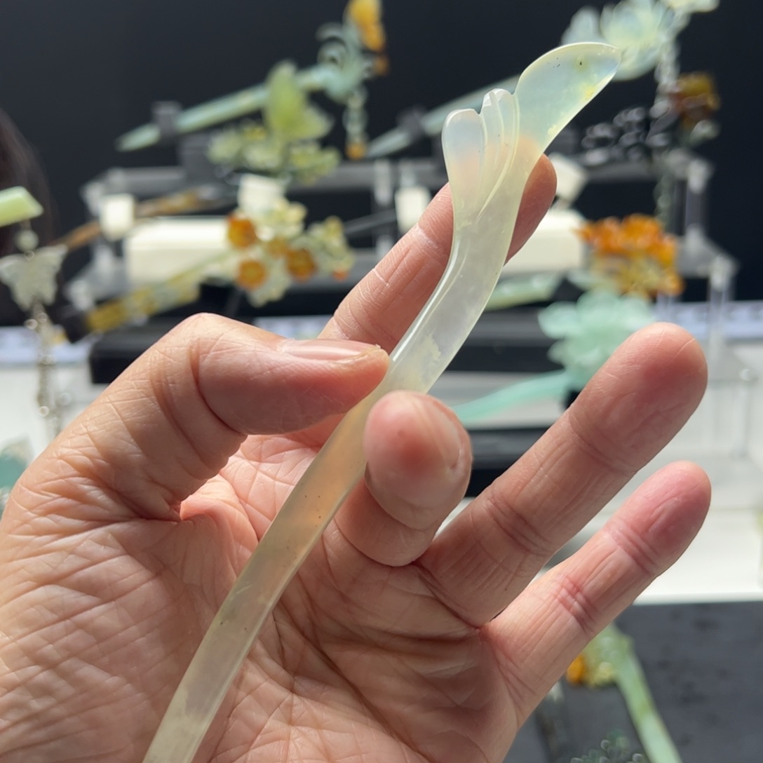 岫玉福利发簪足银镀金镶嵌