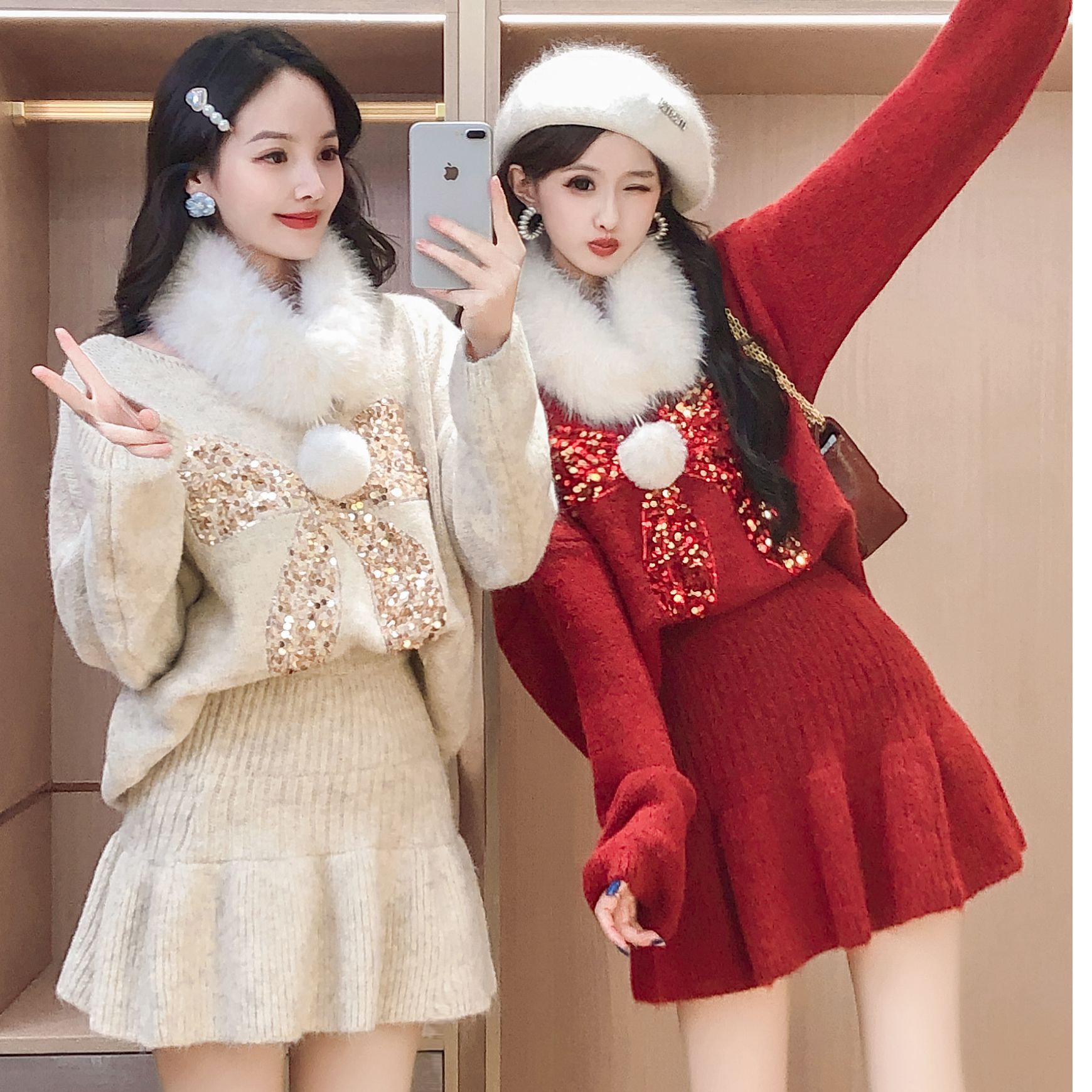 艾日秀2025冬款酒红宽松毛衣毛领+亮片蝴蝶结装饰保暖针织衫K0041