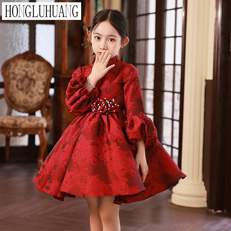 中式女童过年红色礼服公主裙高端小女孩主持人儿童钢琴演出服冬季