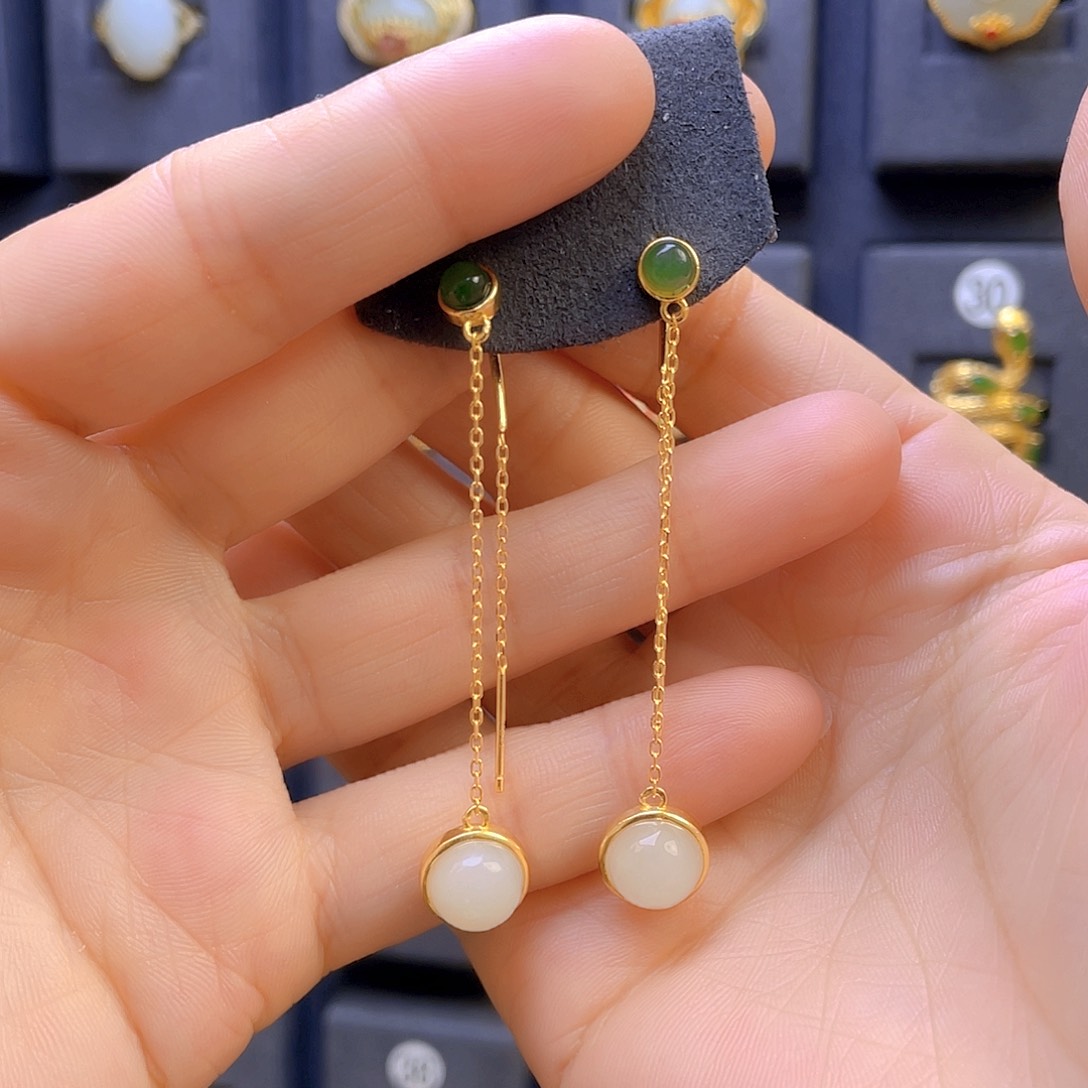 和田玉耳饰银S925镀金镶嵌