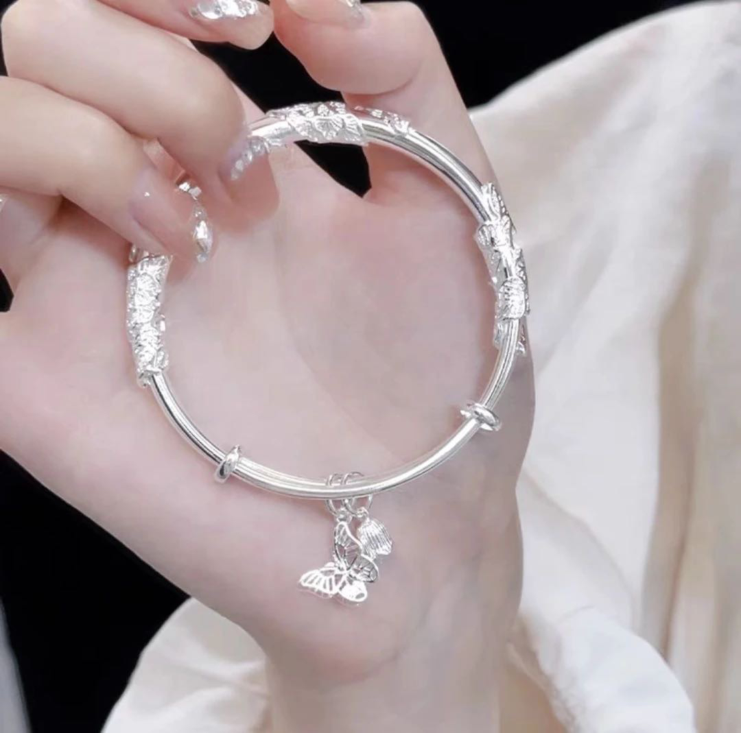 足银手镯 B32足银9999蝶恋花繁花似锦实心铃兰花轻奢推拉银手镯