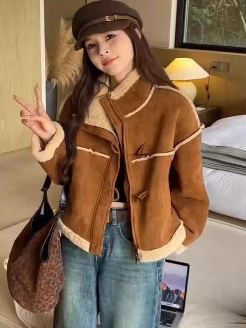 1161款皮毛一体简约保暖外套上衣休闲秋冬气质三角扣女冬季厚款X