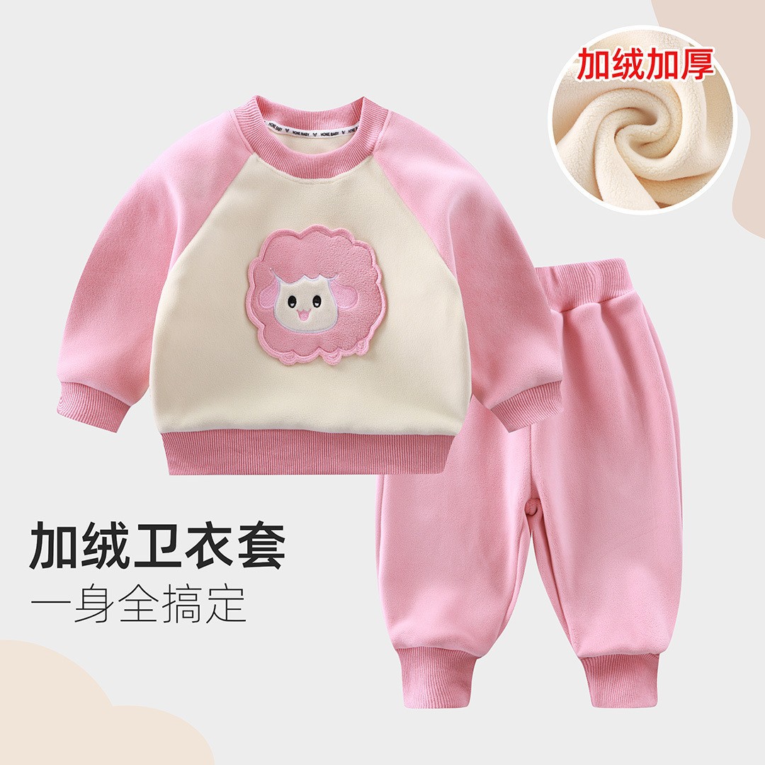 2022加绒卫衣套装中小童加厚宝宝上衣裤子男童女童冬季两件套2025