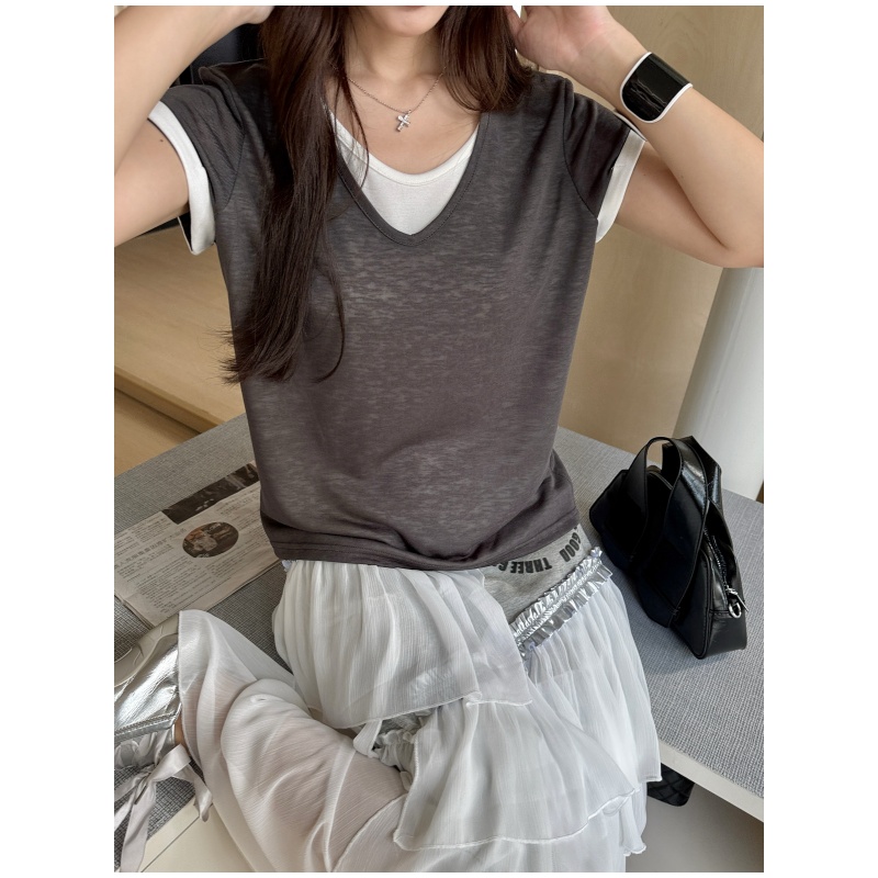 夏季新款潮流韩系拼接简约清爽设计感时尚显白百搭短袖T恤2283