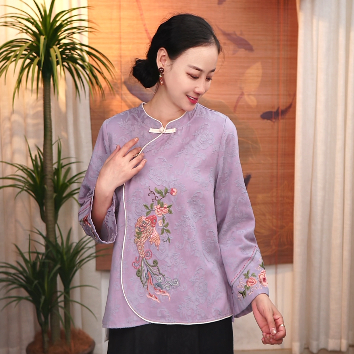 416春季新品金鱼绣高货显瘦洋气气质复古文艺风提花棉麻汉服