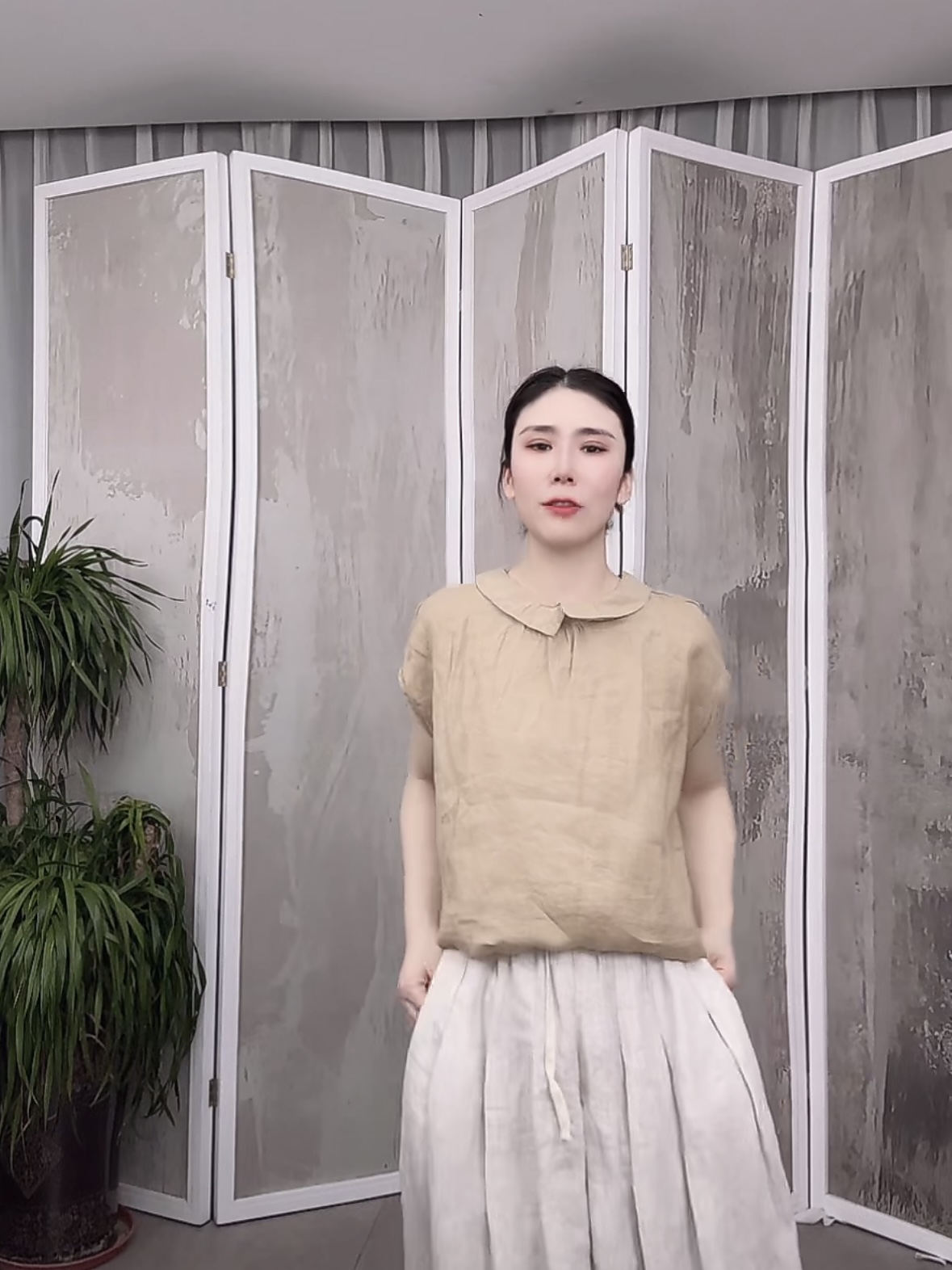 （桃红+卡其）汉麻娃娃领无袖两面穿百搭显瘦小衫女XHH 3010