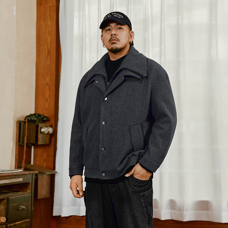 NMAX大码潮牌男装25年冬季新款潮流假两件毛呢外套短款大衣FNN009