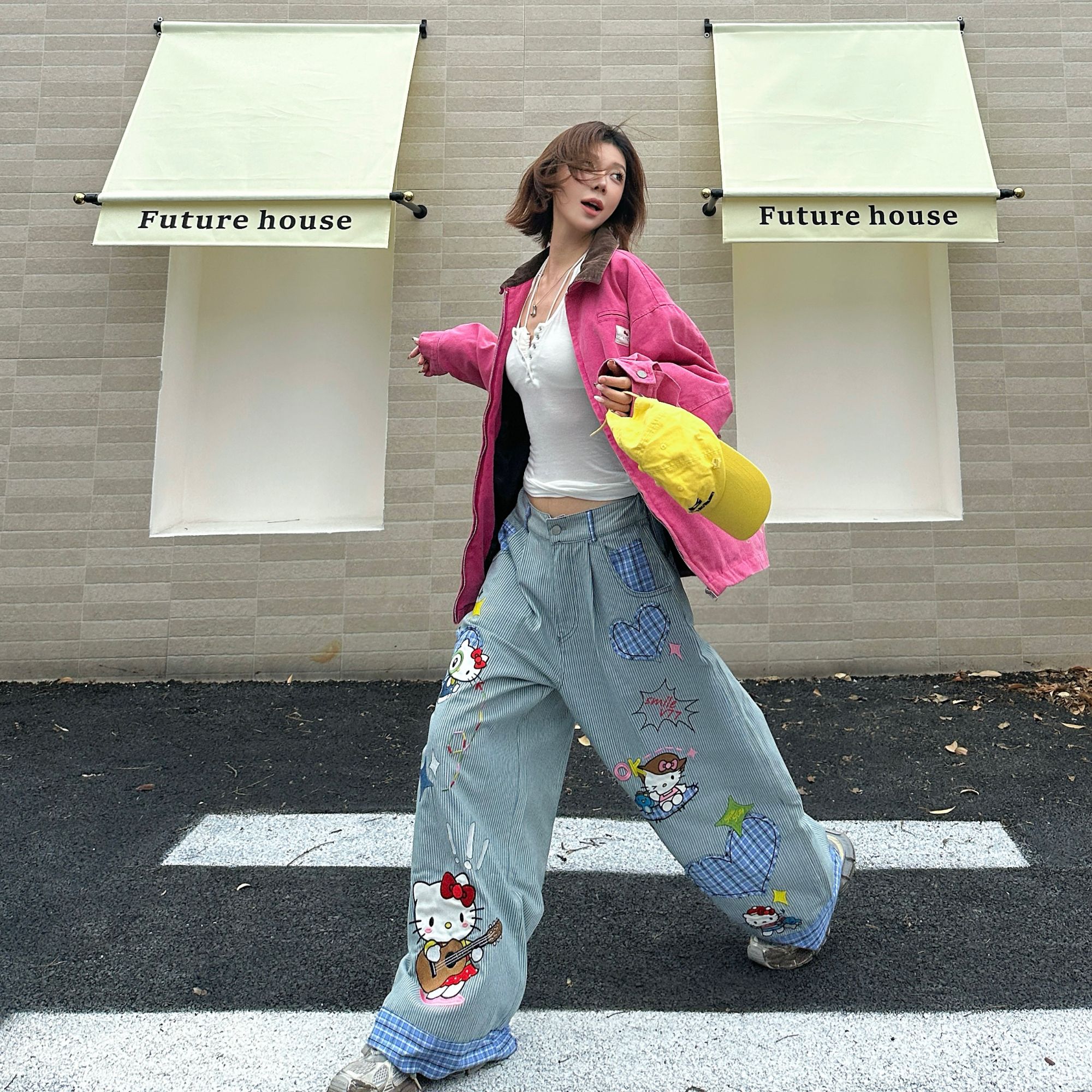 【KT爱心条纹长裤】V77新款重工贴布刺绣牛仔裤男女同款