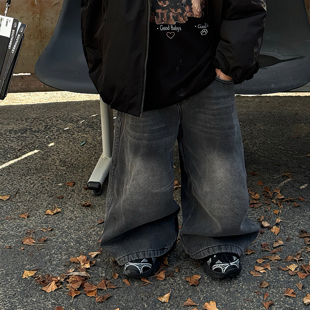 2025冬季新款潮酷街头百搭美式加绒直筒牛仔裤儿童保暖长裤