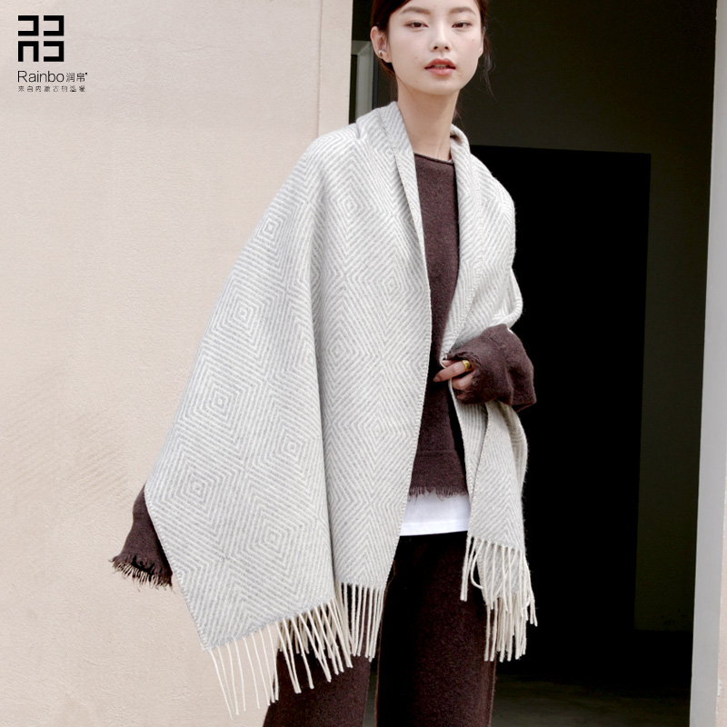 纯羊毛披肩 回字纹路羊羔毛围巾 加厚保暖