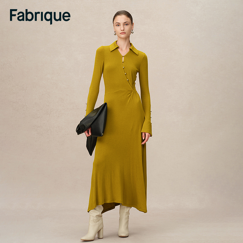 【贤哥专享】Fabrique秋冬芥末黄高弹力德绒斜襟V领纽结修身连衣裙
