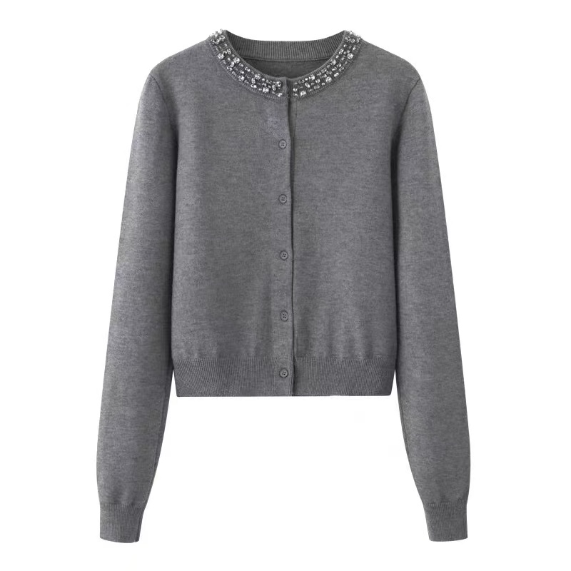 艾家秋款时尚百搭手工钉珠灰色针织开衫女上衣8078