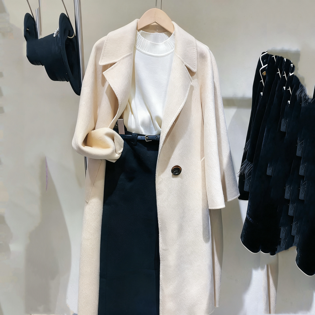 Missonep时尚气质中长款翻领女士毛呢大衣外套