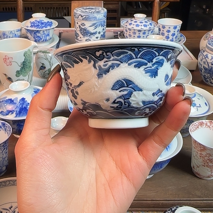 名窑口 雕刻纹双龙压手杯放漏